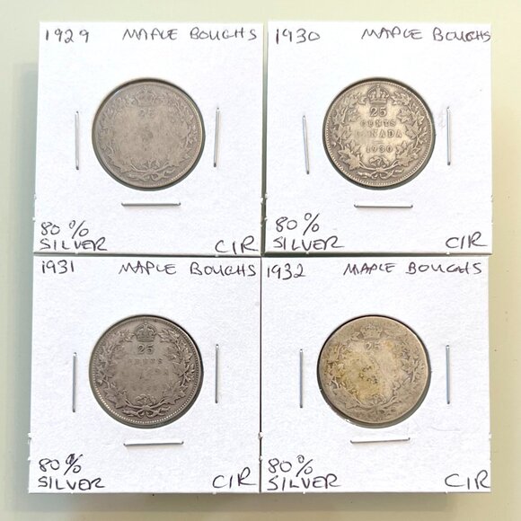 1929, 1930, 1931 & 1932 Canada Silver 4 x 25¢ Coins! - Picture 1 of 13